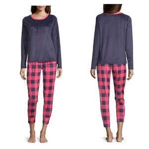 Womens Fleece 2 Pc Pajama Set Pink Blue Checkered Pattern